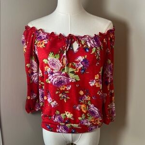 AGB Red Floral Blouse with Purple Accents